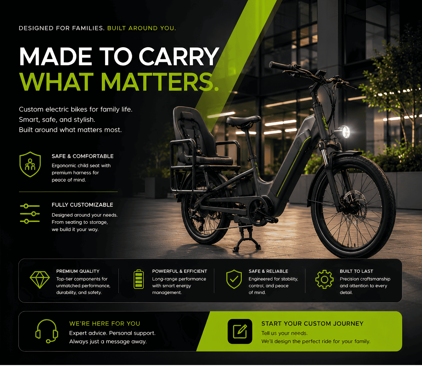 Home Custom electric cargo bike with ergonomic child seat, designed for family rides